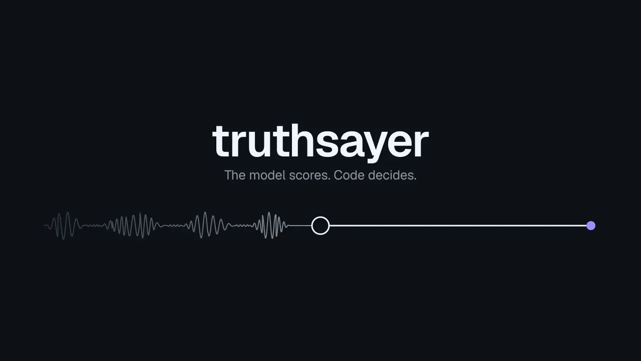 The truthsayer wordmark over a waveform that resolves into one line ending in a verdict dot