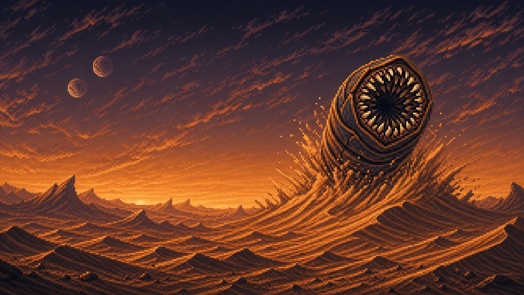 Pixel-art scene of a sandworm rising through orange dunes beneath twin moons at dusk