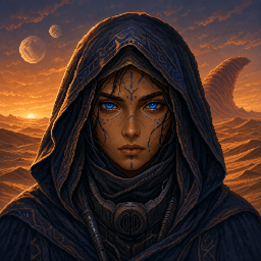 Pixel-art portrait of a blue-eyed desert seer in a dark hood against an orange desert sunset