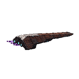 Animated pixel art of the long rust-dark Blacktongue advancing with three violet engine trails