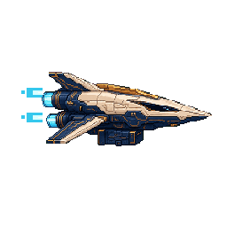 Animated pixel art of a white and bronze Foundation courier flying with blue thrusters