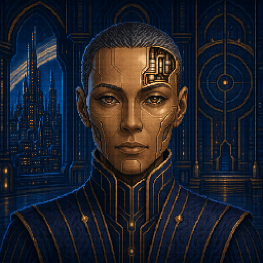 Pixel-art portrait of Demerzel with exposed golden circuitry in a dark imperial chamber