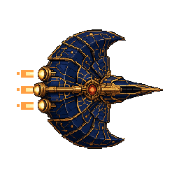 Animated pixel art of a dark crescent-shaped imperial sunship flying with amber engine trails