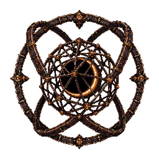 Pixel art of Novacula with three outer gimbals around a balanced truss and central black hole