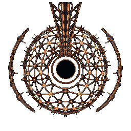 Animated pixel art of a bronze geodesic Novacula collapsing around a black aperture and firing a blue beam