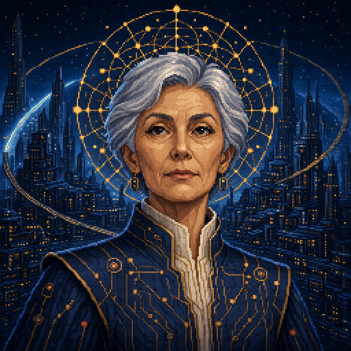 Pixel-art portrait of a silver-haired psychohistorian framed by golden equations above a blue city