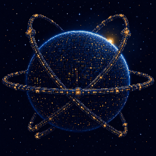 Pixel art of Trantor as a blue city-covered planet encircled by golden orbital rings