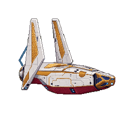 Animated pixel art of a white and gold whisper-ship folding through space